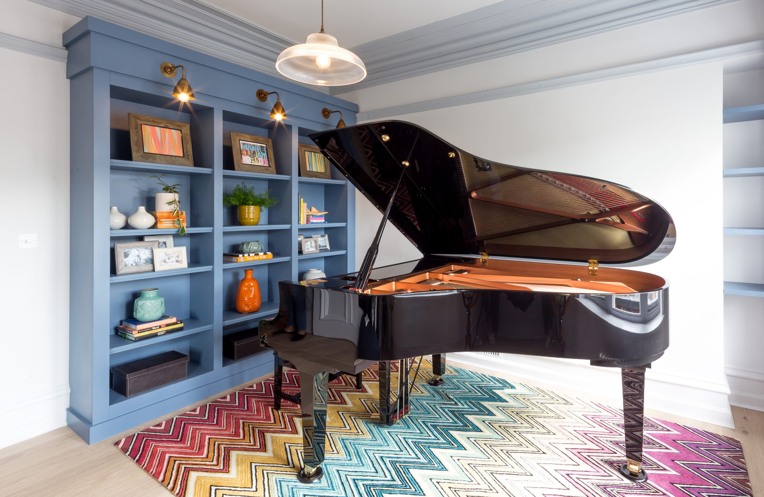 Bloomsbury Apartment - Music Room - Missoni Rug, Baby Grand Piano and Bespoke Joinery