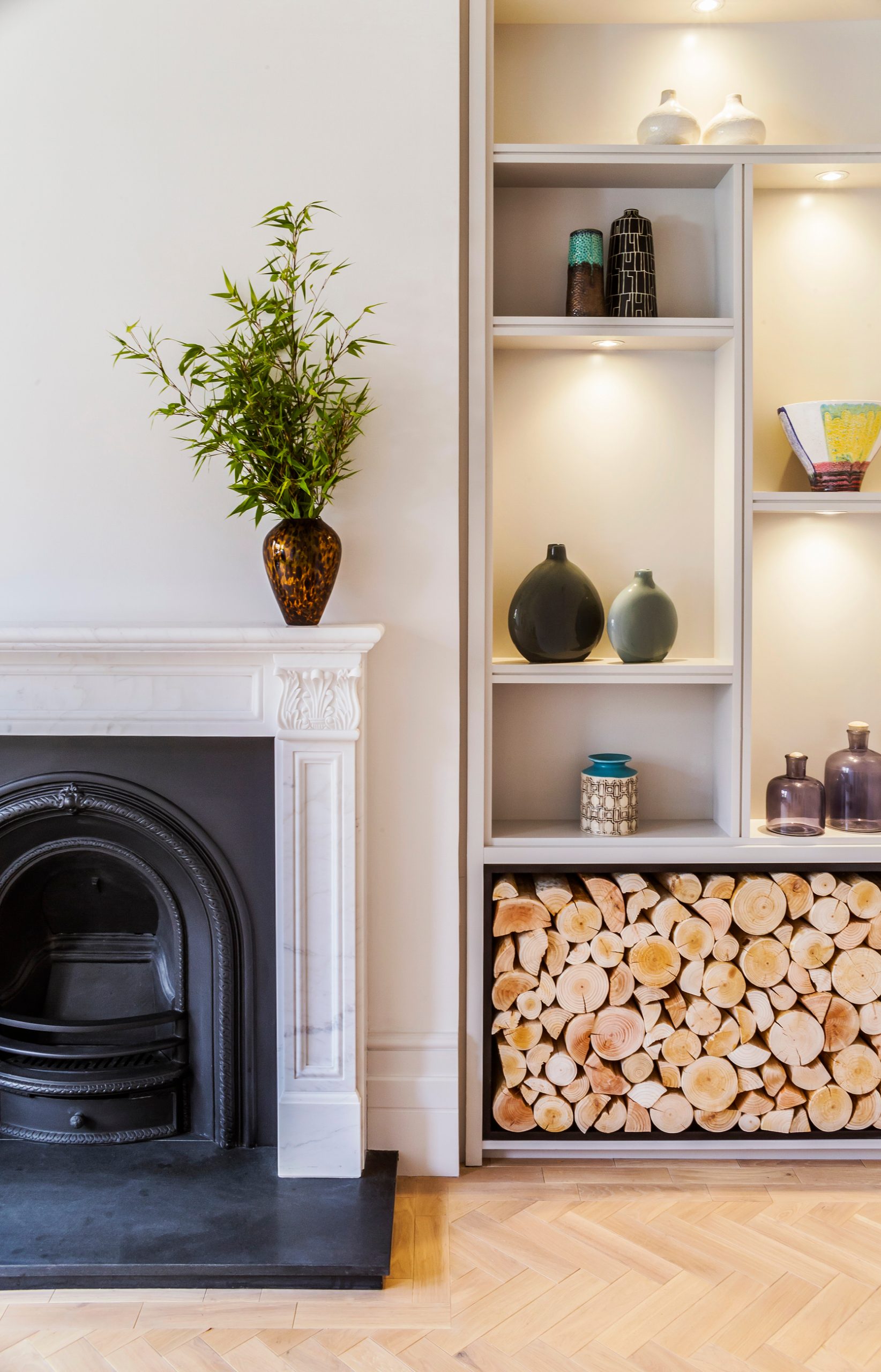 Edwardian Townhouse - living room fireplace and bespoke joinery detail