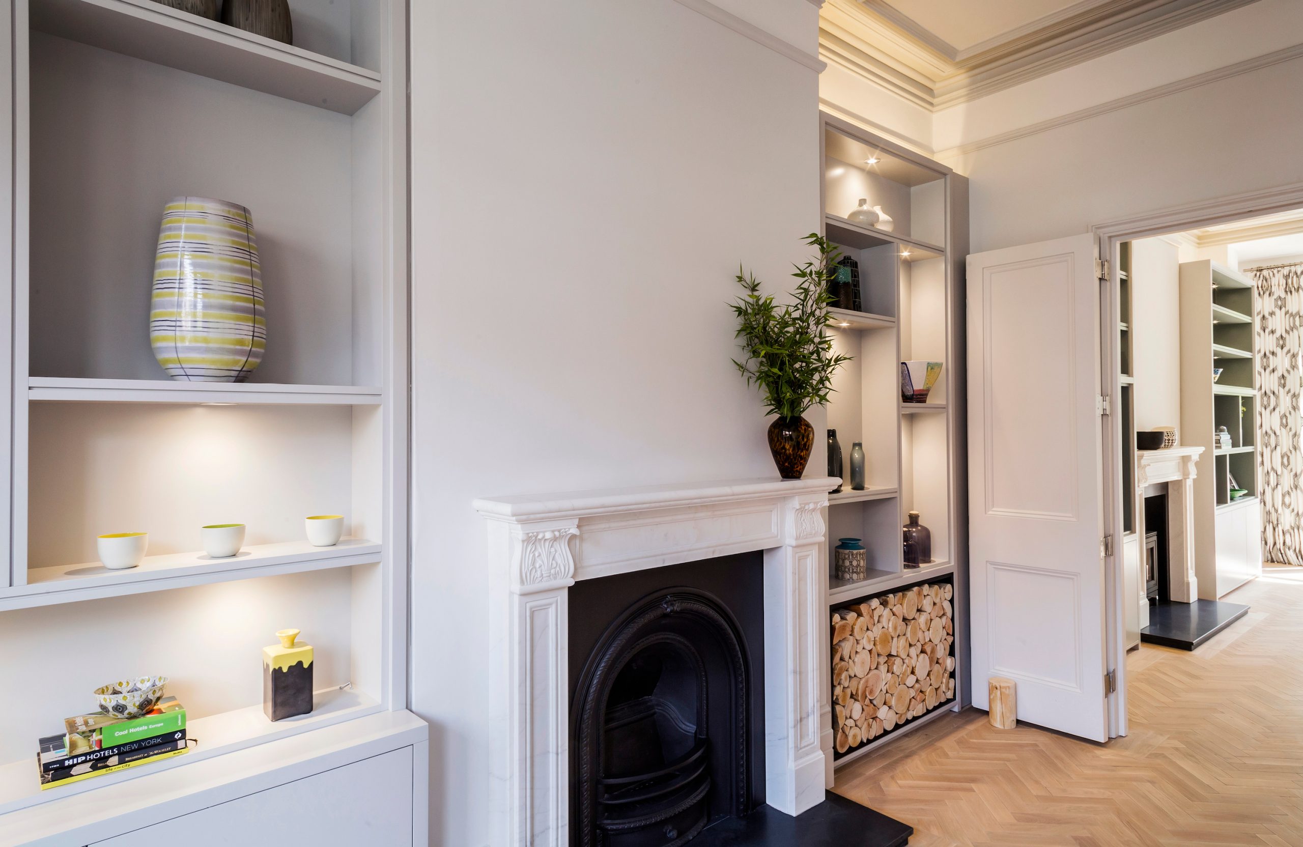 Edwardian Townhouse - living room overview with fireplaces and bespoke joinery