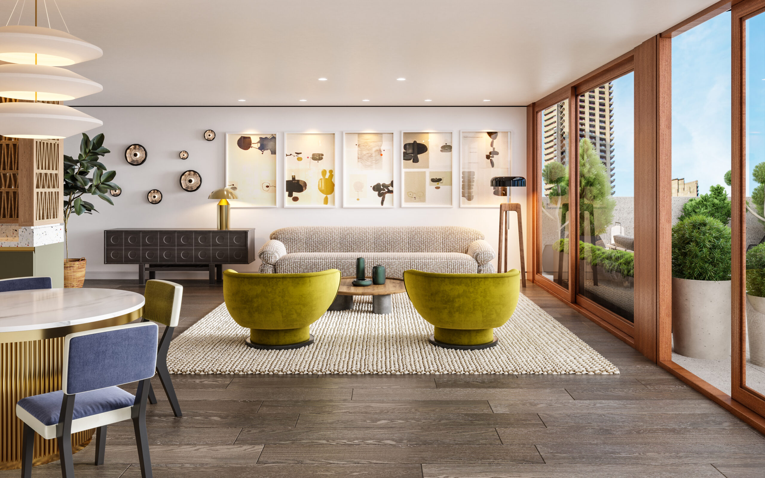 Barbican open living room kitchen with mid century furniture and terrace beyond - City Pied a Terre - LLI Design