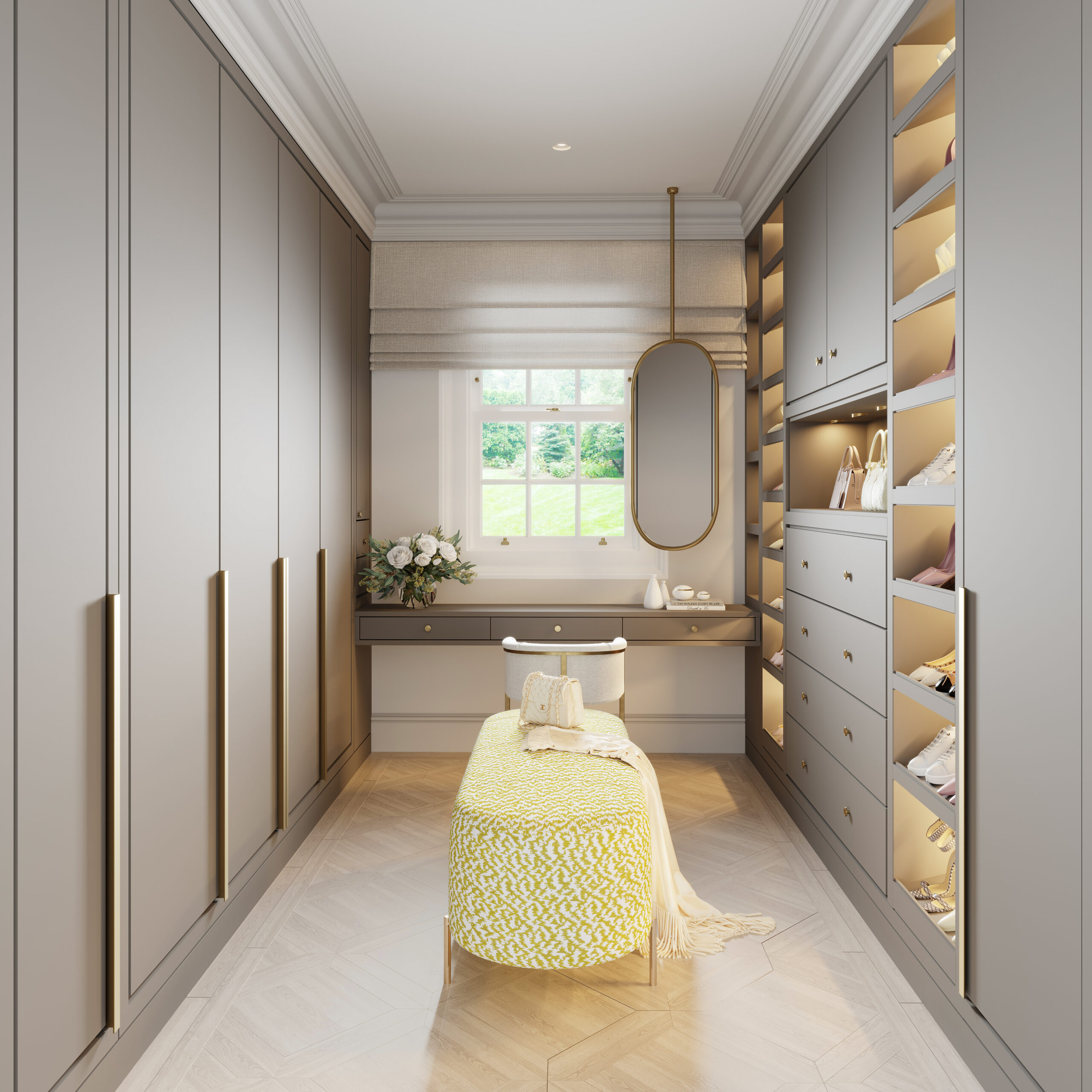 Bespoke joinery dressing room with parquet timber flooring - Edwardian Arts and Craft Villa