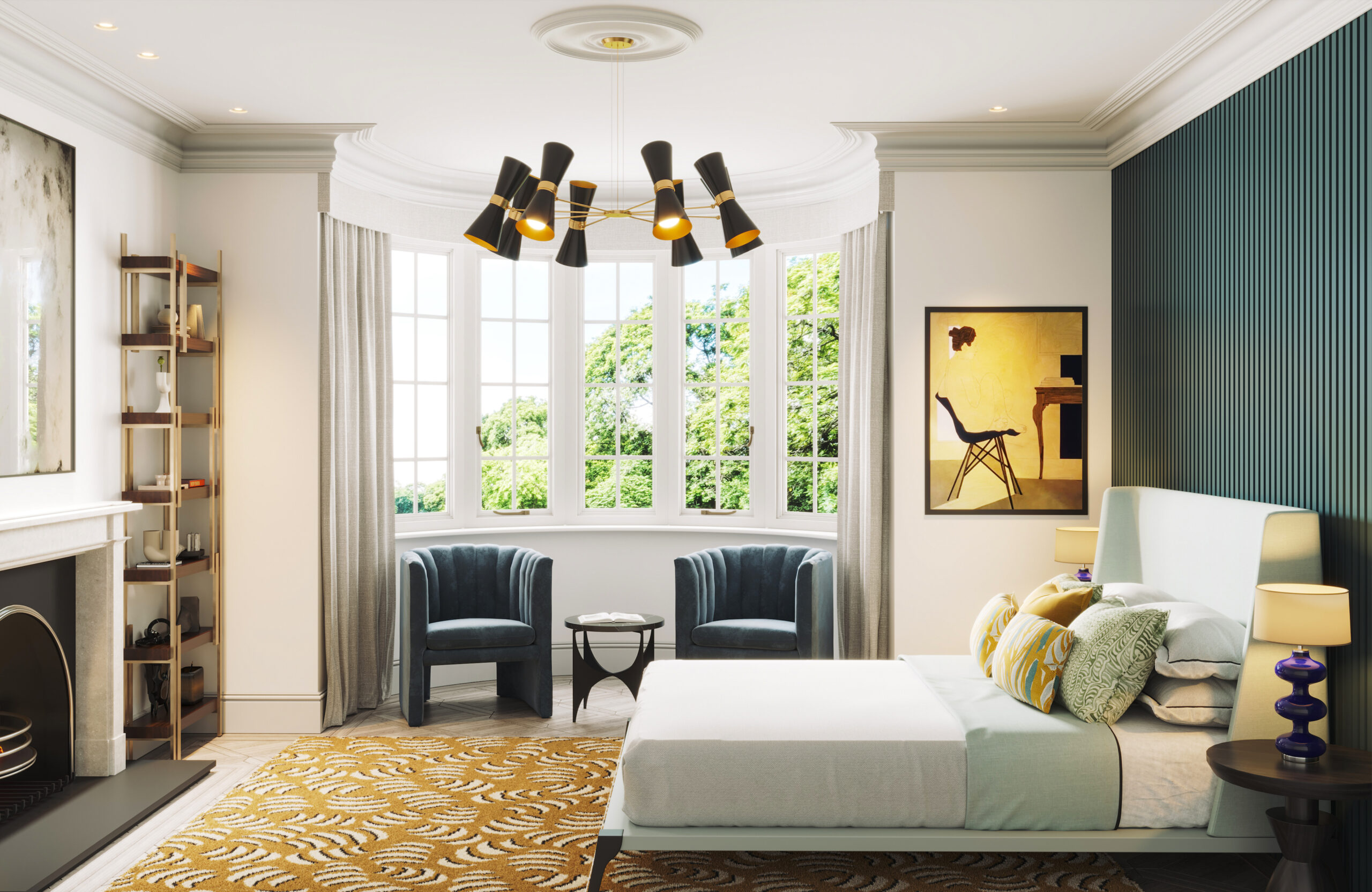 Eclectic master bedroom suite with velvet armchairs - Edwardian Arts and Craft Villa