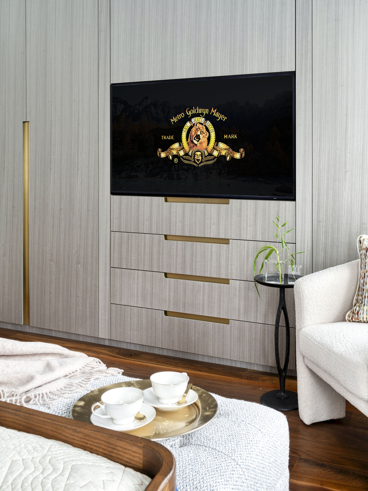 Chelsea Townhouse - LLI Design - Master Bedroom - Bespoke Joinery With Integrated Hidden TV