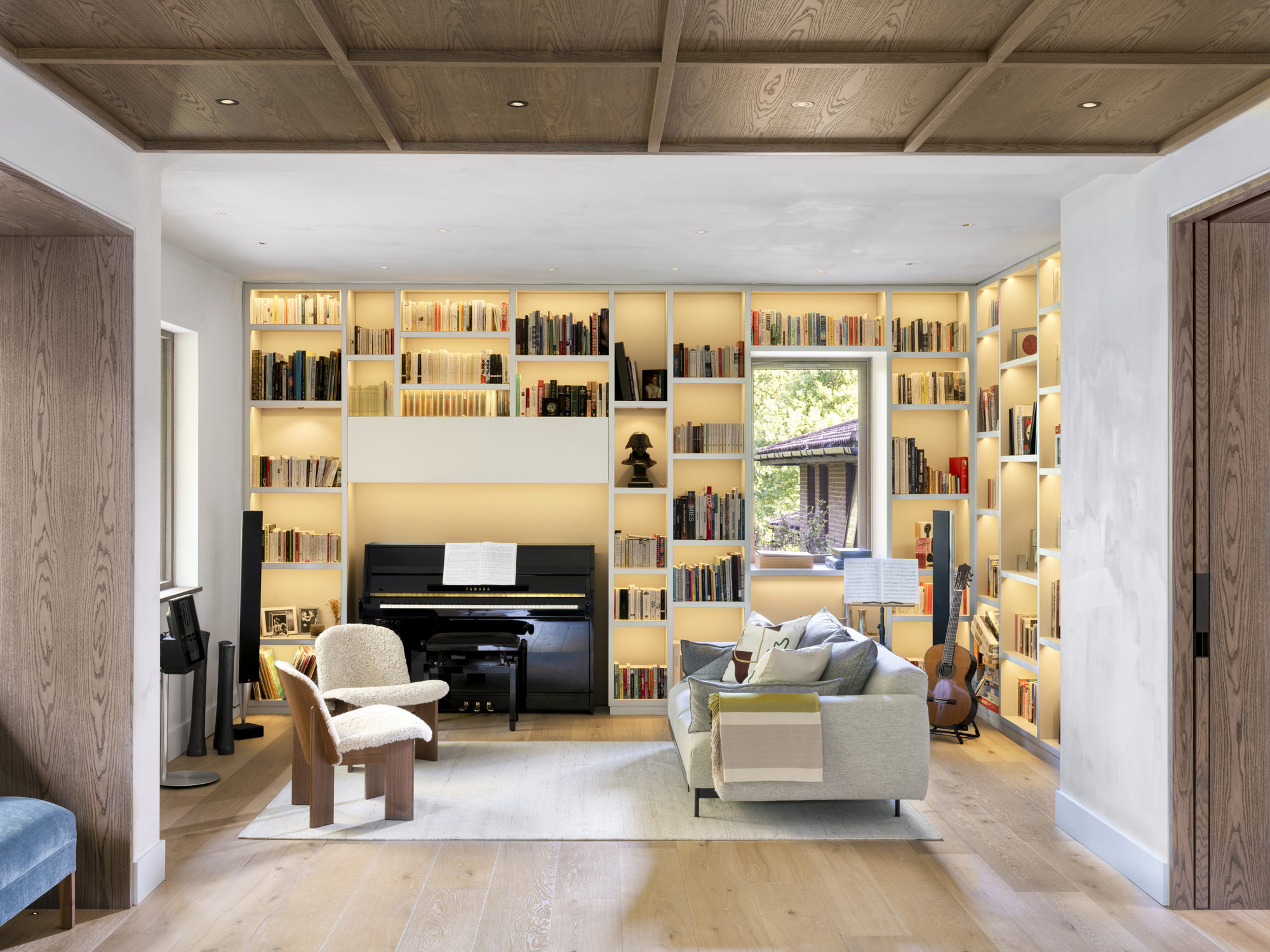 Highgate Minimal Modernism - LLI Design - Living room overview - with contemporary coffered ceiling detail and bespoke joinery