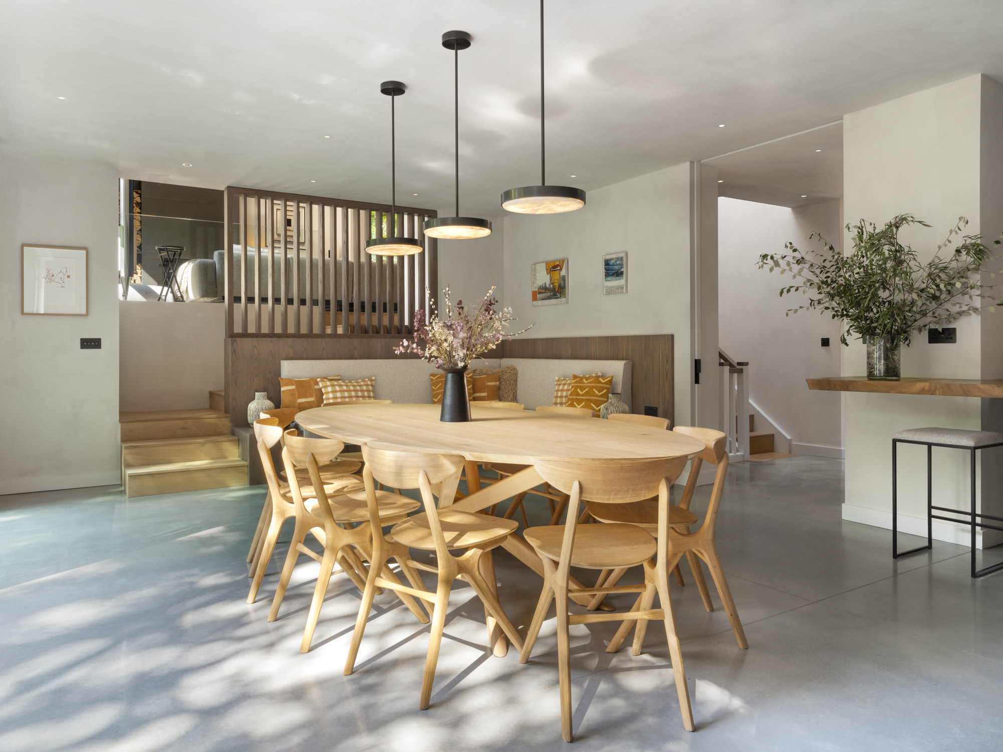 Highgate Minimal Modernism - LLI Design - Kitchen Dining - Scandi style dining table with pendants above - view 3