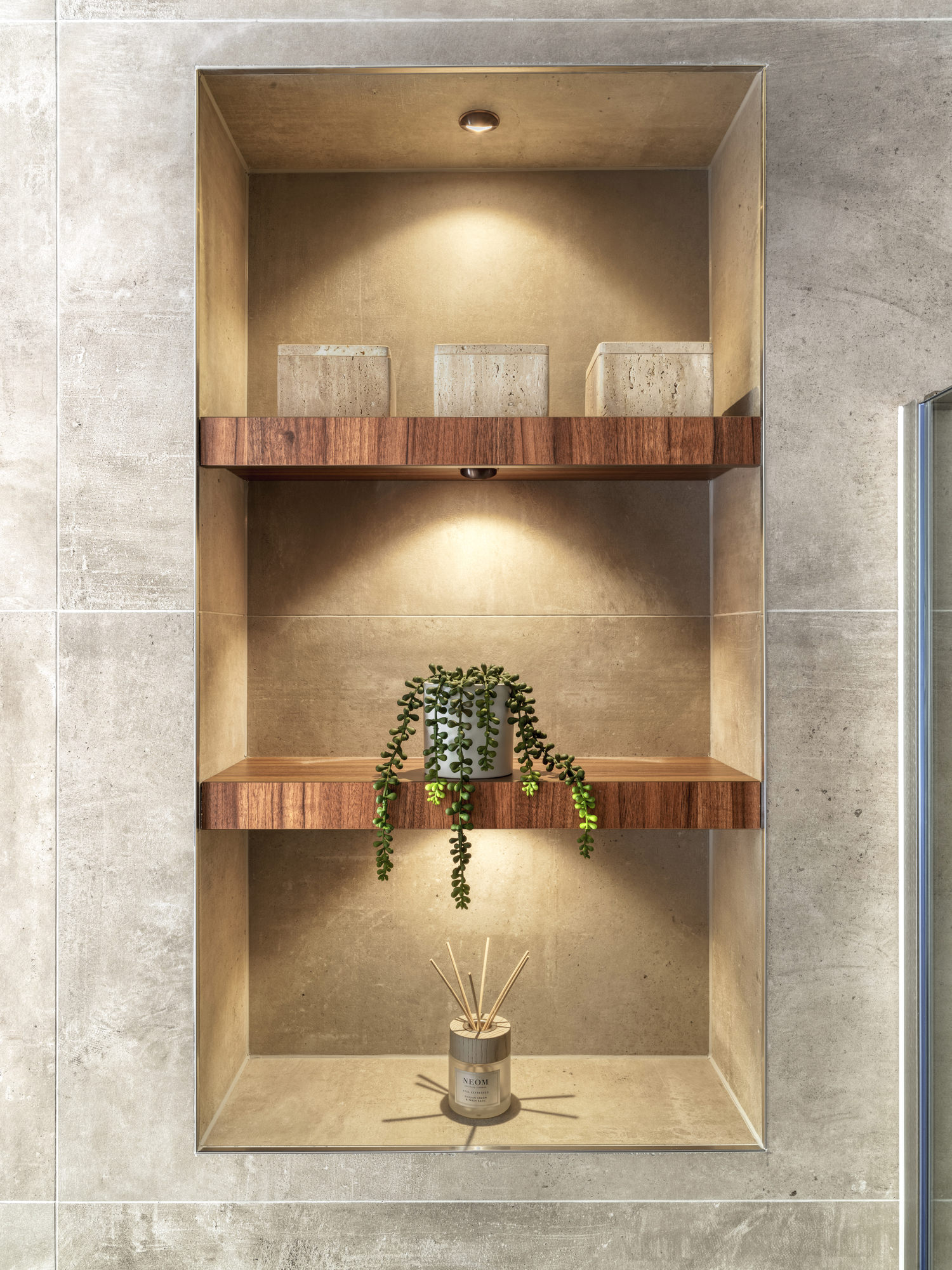 Highgate Minimal Modernism - LLI Design - Master Ensuite - Bespoke illuminated inset shelf detail