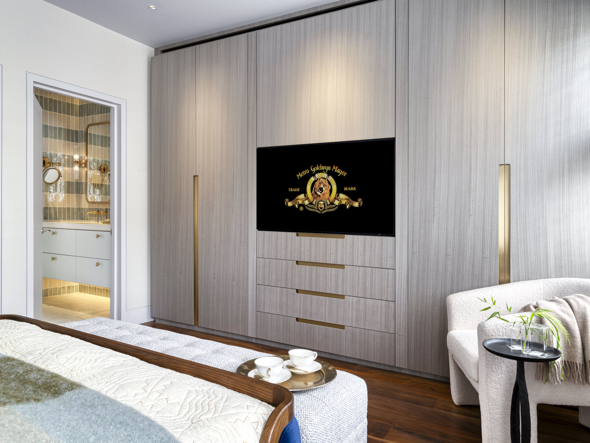 Chelsea Townhouse - LLI Design - Master Bedroom - Bespoke Joinery With Integrated Hidden TV - TV Open