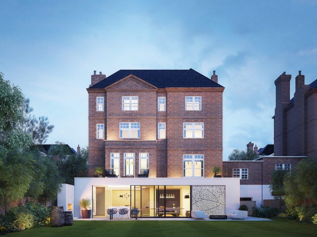 LLI Design - Portfolio Tile - 5 Grand Victorian Villa, Highgate: rear of the house and contemporary extension at dusk, with garden lawn